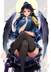 Rule 34 | 1girl, absurdres, bird wings, black coat, black hair, black thighhighs, black wings, blue dress, blue hat, breasts, closed mouth, coat, dress, duplicate, earrings, feathered wings, frilled dress, frills, hat, highres, iizunamaru megumu, jewelry, large breasts, long hair, long sleeves, pixel-perfect duplicate, pointy ears, pom pom (clothes), raptor7, red eyes, shoulder guard, sleeveless, sleeveless coat, smile, solo, thighhighs, tokin hat, touhou, wings