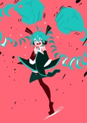 Rule 34 | 1girl, aqua hair, arms (game), blush, boxing gloves, crossover, detached sleeves, green hair, hatsune miku, headphones, headset, long hair, necktie, open mouth, projecttiger, skirt, solo, thighhighs, twintails, very long hair, vocaloid