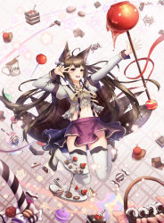 Rule 34 | 1girl, abstract background, absurdres, ahoge, animal ears, basket, black hair, blurry, bow, cake, candy, cherry, coffee, coffee cup, cup, depth of field, disposable cup, doughnut, food, fox ears, fox tail, frilled shirt, frills, fruit, hair bow, hand up, heart, highres, jumping, keis (locrian1357), lollipop, long hair, midriff, miniskirt, multiple tails, neck ribbon, original, purple eyes, ribbon, shirt, skirt, smile, solo, staff, star (symbol), suspenders, tail, thighhighs, zettai ryouiki