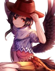 Rule 34 | 1girl, absurdres, arm up, black hair, black wings, blue shirt, boots, brown footwear, brown hat, brown skirt, commentary, cowboy hat, feathered wings, grin, hair between eyes, hand on headwear, hat, highres, kurokoma saki, looking at viewer, mozuno (mozya 7), off shoulder, plaid, pleated skirt, puffy short sleeves, puffy sleeves, red eyes, shirt, short hair, short sleeves, simple background, sitting, skirt, smile, solo, tail, touhou, wariza, white background, wings
