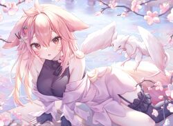 Rule 34 | 1girl, alllisso, animal ears, antenna hair, arm support, bare shoulders, black shirt, black thighhighs, breasts, brown eyes, cherry blossoms, commentary, commission, dress, facial mark, food-themed hair ornament, fox ears, fox tail, grey dress, hair between eyes, hair ornament, highres, long hair, looking at viewer, medium breasts, off shoulder, original, parted lips, pink hair, shirt, single thighhigh, sleeveless, sleeveless shirt, solo, strawberry hair ornament, tail, thighhighs, thighs, water, whisker markings