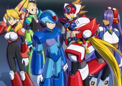 Rule 34 | 3boys, 3girls, alia (mega man), android, aqua eyes, armor, armored boots, axl (mega man), black background, black bodysuit, blonde hair, blue armor, blue background, blue bodysuit, blue eyes, blue headwear, bodysuit, boots, breasts, brown bodysuit, brown hair, commentary request, cowboy shot, dark skin, forehead, gauntlets, gloves, gradient background, green armor, green eyes, grey bodysuit, grin, hair over eyes, hand on headphones, hand on own hip, hand up, headphones, helmet, highres, hime cut, hoshi mikan, large breasts, layer (mega man), long hair, looking at viewer, low ponytail, mega man (series), mega man x8, x (mega man), mega man x (series), mole, mole under eye, multiple boys, multiple girls, outline, pallette (mega man), parted lips, pink armor, profile, purple armor, purple hair, red armor, robot ears, scar, shadow, sidelocks, small breasts, smile, spiked hair, standing, twintails, white armor, white gloves, zero (mega man)
