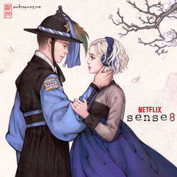 Rule 34 | 1boy, 1girl, army, flower, hanbok, headphones, korean clothes, korean traditional hat, nayoung wooh, signature