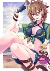 Rule 34 | 1girl, absurdres, agnes tachyon (lunatic lab) (umamusume), agnes tachyon (umamusume), ahoge, animal ears, arms up, bikini, black bikini, black footwear, black gloves, border, breasts, brown hair, cleavage, commentary request, criss-cross halter, cross-laced footwear, denim, denim shorts, flask, gloves, green jacket, hair between eyes, halterneck, highres, horse ears, horse girl, horse tail, index finger raised, indian style, jacket, looking at viewer, medium breasts, navel, official alternate costume, open clothes, open fly, open shorts, red eyes, round-bottom flask, sandals, short hair, shorts, shoutoro, single glove, sitting, sleeves rolled up, smile, solo, swimsuit, tail, thigh strap, tied jacket, toenails, toes, umamusume, white border