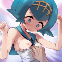 Rule 34 | 1boy, 1girl, @ @, armpits, arms up, assisted exposure, blue eyes, blue hair, blush, breasts, clothes pull, clothing aside, collarbone, creatures (company), ero kaeru, game freak, hairband, hetero, lana (pokemon), nintendo, nipples, one-piece swimsuit, one breast out, pokemon, pokemon sm, shirt, shirt pull, short hair, sleeveless, sleeveless shirt, small breasts, surprised, swimsuit, swimsuit aside, swimsuit under clothes, thought bubble, trial captain, upper body