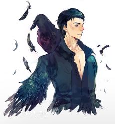Rule 34 | 1boy, bad id, bad pixiv id, bird, black hair, character name, crow, diaval, disney, feathered wings, feathers, grey eyes, male focus, maleficent (movie), mikann0206, scar, simple background, sleeping beauty, solo, white background, wings