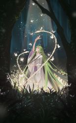 Rule 34 | absurdly long hair, androgynous, arm up, blue eyes, blurry, blurry foreground, bug, butterfly, chain, closed mouth, commentary, dark, enkidu (fate), fate/grand order, fate/strange fake, fate (series), forest, gender request, glowing butterfly, grass, green hair, grey eyes, half-closed eyes, hand up, highres, insect, light, light particles, light rays, long fingers, long hair, long sleeves, looking up, moss, nature, night, open hands, ota (ota-0000), outdoors, outstretched hand, reaching, robe, sidelocks, smile, solo, spread fingers, tree, very long hair, white robe, wide sleeves