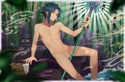 Rule 34 | 1boy, bamboo, blue hair, bucket, completely nude, erection, genshin impact, laovaan, male focus, nipples, nude, penis, sitting, solo, staff, tattoo, water, wet, xiao (genshin impact), yellow eyes