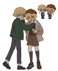 Rule 34 | 1boy, 1girl, belt, blonde hair, brown belt, brown footwear, brown headwear, brown jacket, brown shirt, brown shorts, brown socks, chibi, commentary request, cup, don quixote (project moon), drinking, glasses, green jacket, grey pants, grey sweater, hat, hat pin, highres, holding, holding cup, jacket, korean commentary, limbus company, long sleeves, open clothes, open jacket, open mouth, orange eyes, pants, project moon, ribbed sweater, round eyewear, shirt, shoes, short hair, shorts, simple background, sinclair (project moon), slit pupils, smile, socks, sweater, turtleneck, turtleneck sweater, v-shaped eyebrows, white background, white socks, yellow eyes, zao (zaoooooo)