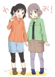 Rule 34 | 10s, 2girls, :d, black hair, blush, brown hair, character name, cross-laced footwear, full body, green eyes, hair ornament, hairclip, holding hands, hood, hooded jacket, jacket, kuraue hinata, leggings, long sleeves, multiple girls, open clothes, open jacket, open mouth, purple eyes, shoes, short hair, shorts, skirt, smile, twintails, v, white background, yama no susume, yukimura aoi, yukiu con