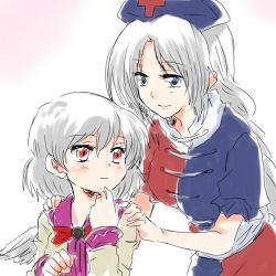 Rule 34 | 2girls, blue eyes, blush, braid, cross, hand on own face, hat, headpat, jacket, kishin sagume, long hair, long sleeves, looking at another, multiple girls, open mouth, red cross, red eyes, ribbon, short hair, single wing, smile, sweat, touhou, unya, white hair, wings, yagokoro eirin, aged down