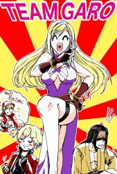 Rule 34 | 1girl, belt, blonde hair, breasts, cleavage, dress, closed eyes, fingerless gloves, gato (snk), gloves, gold bracelet, highres, jenet behrn, large breasts, laughing, long hair, purple dress, rock howard, snk, terry bogard, the king of fighters, the king of fighters xv, thigh strap