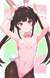Rule 34 | 1girl, absurdres, animal ears, black hair, black pantyhose, bow, bowtie, breasts, covered navel, cowboy shot, detached collar, fake animal ears, gmkz kawaii, highres, leotard, long hair, looking at viewer, pantyhose, pink bow, pink bowtie, pink leotard, playboy bunny, rabbit ears, rabbit pose, rabbit tail, red eyes, senki zesshou symphogear, small breasts, solo, strapless, strapless leotard, tail, tsukuyomi shirabe, twintails, wrist cuffs