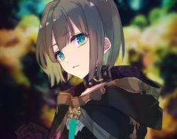 Rule 34 | 1boy, bad id, bad twitter id, black gloves, blunt bangs, blunt ends, bob cut, brown hair, choker, closed mouth, expressionless, gloves, green eyes, green hair, gretel (sinoalice), hood, hood down, looking at viewer, male focus, multicolored hair, noda (yncoon), own hands clasped, own hands together, sinoalice, solo, trap, two-tone hair
