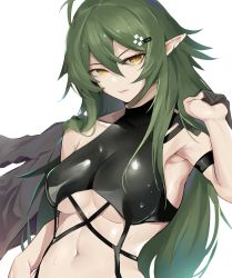 Rule 34 | 1girl, absurdres, antenna hair, arknights, arm strap, bare shoulders, bikini, black bikini, black choker, breasts, choker, closed mouth, commentary, gavial (arknights), green hair, hair between eyes, highres, holding, holding clothes, holding shirt, lips, long hair, looking at viewer, medium breasts, navel, official alternate costume, pointy ears, shirt, unworn shirt, simple background, sirius enjoliao, slit pupils, solo, stomach, swimsuit, upper body, white background, yellow eyes