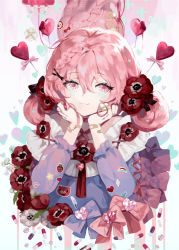Rule 34 | 1girl, bandaid, bandaid on cheek, bandaid on face, bow, braid, facial mark, flower, food, frilled sleeves, frills, fruit, gem, hair ornament, hairclip, hand on own chin, heart, hyatsu, knife, looking at viewer, original, pill, pink bow, pink eyes, pink hair, pink theme, poppy (flower), red flower, side braid, single braid, smile, solo, sticker, strawberry, upper body