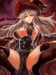 Rule 34 | 10s, 1girl, belt, black thighhighs, blush, breasts, detached sleeves, edobox, female focus, gradient background, granblue fantasy, hat, large breasts, lips, looking at viewer, magisa (granblue fantasy), open mouth, shingeki no bahamut, silver hair, solo, spread legs, thighhighs, wet, witch hat