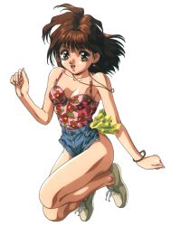 1990s_(style) 1girl artist_name bracelet breasts brown_eyes brown_hair cleavage denim denim_shorts earrings floral_print highres jewelry looking_at_viewer makino_ryuuichi medium_hair micro_shorts necklace no_socks non-web_source open_mouth original pasocom_paradise retro_artstyle shorts simple_background small_breasts solo spaghetti_strap white_background