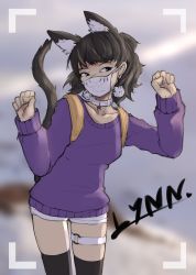 Rule 34 | 1girl, absurdres, animal ear fluff, animal ears, arms up, backpack, bag, belt, black hair, black tail, black thighhighs, blue eyes, blurry, blurry background, breasts, character name, choker, clenched teeth, collar, contrapposto, earrings, highres, jewelry, long sleeves, looking to the side, lynn (ring of elysium), maelorian, mask, mouth mask, paw pose, pendant, pom pom (clothes), pom pom earrings, purple sweater, ring of elysium, short hair, short shorts, shorts, small breasts, standing, star (symbol), star choker, surgical mask, sweater, tail, teeth, text focus, thigh strap, thighhighs, white belt, white mask, white shorts