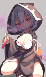 Rule 34 | 1girl, absurdres, bra, breasts, bright pupils, brown hoodie, chii (tsumami tsumamare), cleavage, full body, grey background, hair between eyes, heart, heart print, highres, holding, holding test tube, hood, hoodie, large breasts, looking at viewer, original, parted lips, short hair, simple background, sitting, solo, test tube, underwear, white bra, white hair, white pupils