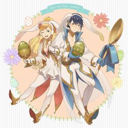 Rule 34 | !, 1boy, 1girl, alfonse (fire emblem), alternate costume, animal ears, blonde hair, blue eyes, blue hair, blush, boots, bow, breasts, brother and sister, cleavage, covered navel, egg, fire emblem, fire emblem heroes, flower, green eyes, kyufe, leaf, long hair, multicolored hair, nintendo, official alternate costume, one eye closed, open mouth, pink hair, ponytail, rabbit ears, sharena (fire emblem), siblings, thighhighs, two-tone hair