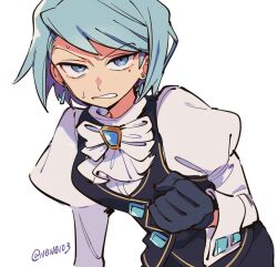 Rule 34 | 1girl, ace attorney, ascot, black gloves, black skirt, black vest, blue eyes, blue hair, clenched hand, commentary request, earrings, franziska von karma, furrowed brow, gloves, highres, jewelry, juliet sleeves, leaning forward, long sleeves, looking at viewer, mole, mole under eye, nono (norabi), open mouth, puffy sleeves, shirt, short hair, simple background, skirt, solo, twitter username, vest, white background, white shirt