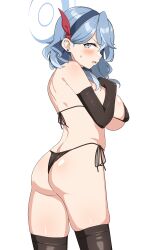 Rule 34 | 1girl, absurdres, ako (blue archive), ass, bell, bikini, black bikini, black gloves, black thighhighs, blue archive, blue eyes, blue hair, blush, breasts, collar, cowbell, elbow gloves, gloves, hair between eyes, hair ribbon, hairband, halo, highres, large breasts, long hair, looking at viewer, looking back, micro bikini, open mouth, ribbon, seihekiog, solo, swimsuit, thighhighs, thighs