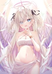 Rule 34 | 1girl, angel, arm behind back, blonde hair, blue eyes, blush, breasts, cleavage, earrings, feathered wings, halo, highres, jewelry, liuliu, long hair, medium breasts, navel, original, pink nails, solo, two side up, v over mouth, white wings, wings
