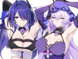 Rule 34 | 2girls, acheron (honkai: star rail), arm behind head, arm up, armpit focus, armpits, arms behind head, arms up, bare shoulders, black choker, black gloves, black swan (honkai: star rail), breasts, chain, chain around arm, choker, cleavage, coat, dress, elbow gloves, gangshangguang (smjy5842), gloves, hair over one eye, hair spread out, highres, honkai: star rail, honkai (series), large breasts, long hair, looking at viewer, midriff, multicolored hair, multiple girls, navel, presenting armpit, purple dress, purple eyes, purple gloves, purple hair, purple sleeves, purple veil, revision, single bare shoulder, single wide sleeve, sleeveless, sleeveless dress, smile, streaked hair, veil, very long hair, white coat, yellow eyes
