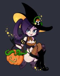 Rule 34 | 1girl, ass, black footwear, blue eyes, boots, breasts, chibi, cleavage, drill hair, gloves, halloween, hat, high heel boots, high heels, long hair, pumpkin, purple hair, solo, thighhighs, witch hat, zone-tan