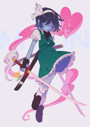 Rule 34 | 1other, text background, black bow, black gloves, black hair, blue skin, bow, bowtie, closed mouth, colored skin, commentary request, cosplay, crossdressing, deltarune, dual wielding, fingerless gloves, flower, frills, full body, gloves, green skirt, green vest, hair between eyes, hairband, heart, highres, holding, holding sword, holding weapon, katana, konpaku youmu, konpaku youmu (cosplay), kris (deltarune), myon (phrase), puffy short sleeves, puffy sleeves, senjochi janai, shaded face, sheath, shirt, short hair, short sleeves, simple background, skirt, skirt set, socks, solo, sword, touhou, trap, twitter username, vest, weapon, white hairband, white socks, yellow flower