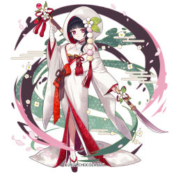 Rule 34 | 1girl, bare shoulders, black hair, brown footwear, character request, closed mouth, commentary request, copyright notice, egasumi, flower, full body, glaive (polearm), holding, holding weapon, hood, hood up, japanese clothes, kimono, long sleeves, looking at viewer, miyoshino, off shoulder, official art, petals, platform clogs, platform footwear, polearm, purple eyes, sandals, sleeves past wrists, smile, socks, solo, standing, sugar conflict, tabi, uchikake, weapon, white background, white flower, white kimono, white socks, wide sleeves, zouri