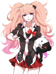 Rule 34 | 1girl, absurdres, bad id, bad pixiv id, bear hair ornament, black bra, black shirt, blouse, blue eyes, bow, bra, breasts, cleavage, commentary request, cowboy shot, danganronpa: trigger happy havoc, danganronpa (series), enoshima junko, gradient hair, hair ornament, highres, index finger raised, long hair, looking at viewer, medium breasts, monokuma, multicolored hair, nail polish, necktie, orange hair, parted lips, pleated skirt, red bow, red nails, red skirt, sheya, shirt, short sleeves, simple background, skirt, smile, spoilers, thighs, twintails, underwear, very long hair, white background