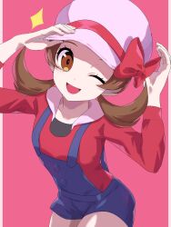 Rule 34 | 1girl, ;d, blue overalls, bow, brown eyes, brown hair, commentary request, cowboy shot, creatures (company), dusk poke27, eyelashes, game freak, hands up, hat, hat bow, highres, long hair, looking at viewer, lyra (pokemon), nintendo, one eye closed, open mouth, overalls, pink background, pokemon, pokemon hgss, red bow, red shirt, shirt, simple background, smile, solo, twintails