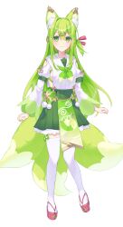 Rule 34 | 1girl, absurdres, animal ear fluff, animal ears, breasts, closed mouth, clothing cutout, commentary, fox ears, fox girl, fox tail, full body, green eyes, green hair, green neckerchief, green skirt, green tail, hair between eyes, hair ornament, highres, kurobikari, long hair, long sleeves, looking at viewer, multiple tails, neckerchief, okobo, one side up, original, pink footwear, pink ribbon, pleated skirt, pom pom (clothes), puffy long sleeves, puffy sleeves, ribbon, sandals, shirt, shirt overhang, side cutout, sideboob, sidelocks, simple background, skirt, small breasts, solo, sweatdrop, tabi, tachi-e, tail, thighhighs, white background, white shirt, white thighhighs, wide sleeves