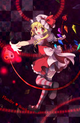 Rule 34 | 1girl, bad id, bad pixiv id, blonde hair, blouse, embodiment of scarlet devil, female focus, flandre scarlet, frilled thighhighs, frills, full body, hat, highres, lovepayon, mob cap, ponytail, red eyes, shirt, short hair, side ponytail, solo, striped clothes, striped thighhighs, thighhighs, touhou, white hat, white shirt, wings, yu (lovepayon)