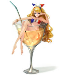 Rule 34 | 1girl, bare legs, bare shoulders, barefoot, bikini, blonde hair, blue eyes, bracelet, cup, drink, drinking straw, female focus, flag print, french flag, full body, glass, hair ribbon, hairband, in container, in cup, jewelry, long hair, looking at viewer, mini person, minigirl, necklace, orangina, original, partially submerged, plantar flexion, print bikini, ribbon, simple background, sitting, smile, solo, swimsuit, wavy hair, white background, youcapriccio, yuu (higashi no penguin)