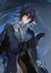 Rule 34 | 1boy, 1other, ahoge, ambiguous gender, arknights, arm strap, ascot, black coat, black gloves, black hair, blue ascot, blush, closed mouth, coat, collar, earrings, gloves, highres, infection monitor (arknights), jewelry, long sleeves, looking at viewer, lumen (arknights), lying, male focus, on back, open clothes, open coat, orange eyes, piaoliangdananhaier, pointy ears, pov, shell, shell earrings, short hair, single earring, solo focus, water