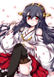 Rule 34 | 10s, 1girl, black hair, blush, boots, breasts, detached sleeves, frilled skirt, frills, hairband, haruna (kancolle), japanese clothes, kanatsu, kantai collection, large breasts, long hair, looking at viewer, miniskirt, nontraditional miko, personification, petals, red eyes, ribbon-trimmed sleeves, ribbon trim, skirt, smile, solo, thigh boots, thighhighs, zettai ryouiki