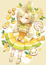 Rule 34 | 1girl, animal ears, ankle boots, aona (noraneko), blonde hair, boots, bow, bow hairband, braid, cake, collared shirt, cup, curtained hair, doily, flower, food, food-themed clothes, footwear bow, fruit, full body, green hairband, green ribbon, green skirt, hair bow, hairband, high heel boots, high heels, highres, holding, holding cup, invisible chair, jacket, jam, jar, leaf, lemon, lemon blossoms, lemon slice, long hair, long sleeves, looking at viewer, marmalade, mousse (food), muffin, neck ribbon, original, pastry, pleated skirt, polka dot, polka dot bow, pound cake, puffy long sleeves, puffy sleeves, rabbit ears, rabbit girl, ribbon, sailor collar, shirt, sitting, skirt, smile, solo, spoon, striped clothes, striped skirt, suspender skirt, suspenders, swept bangs, tart (food), tea, teacup, twin braids, two-tone skirt, white bow, white flower, white shirt, yellow background, yellow bow, yellow eyes, yellow jacket, yellow sailor collar, yellow skirt