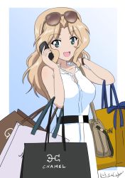 Rule 34 | 1girl, 2019, :d, artist name, bag, blonde hair, blue background, blue eyes, breasts, brown-framed eyewear, bukkuri, carrying, cellphone, chanel, cleavage, commentary request, dated, dress, eyewear on head, female focus, girls und panzer, gradient background, hair intakes, hand in own hair, handbag, holding, holding phone, kay (girls und panzer), logo, long hair, looking at viewer, medium breasts, open mouth, outside border, phone, shopping, shopping bag, signature, sleeveless, sleeveless dress, smile, solo, standing, sunglasses, watch, white dress, wristwatch