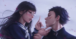Rule 34 | 1boy, 1girl, bandaid, bandaid on face, black hair, blush, cherry blossoms, glasses, hair blowing, highres, index finger raised, looking at another, nostrils, open mouth, realistic, rotisusu, round eyewear, uniform