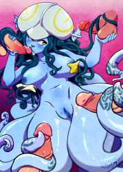 Rule 34 | 1girl, 4boys, blue skin, breasts, caressing testicles, charo, colored skin, cum, fellatio, gradient background, handjob, large breasts, monster girl, multiple boys, my pet tentacle monster, nipples, nude, oral, penis, pussy, tentaclejob, testicles, uncensored, yellow eyes