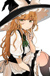 Rule 34 | 1girl, apron, bad id, bad twitter id, black hat, black nails, black skirt, black socks, blonde hair, bow, expressionless, green eyes, hand on own face, hat, highres, kirisame marisa, kneehighs, long hair, looking at viewer, looking to the side, necro (nekurodayo), shirt, short sleeves, skirt, socks, solo, touhou, white apron, white background, white bow, white shirt, witch hat