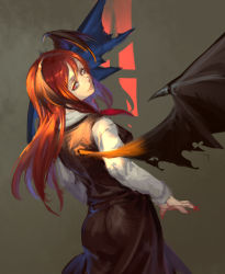 Rule 34 | 1girl, ass, bat wings, black skirt, black vest, closed mouth, fingernails, from behind, head wings, inishie kumo, koakuma, long hair, long sleeves, looking at viewer, looking back, nail polish, one-hour drawing challenge, red eyes, red hair, red nails, shirt, skirt, smile, solo, spread wings, standing, touhou, vest, white shirt, wings