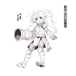 Rule 34 | 1girl, armor, chinese text, earrings, ejami, greyscale, jewelry, league of legends, long hair, looking at viewer, monochrome, pointy ears, poppy (league of legends), simple background, solo, translation request, twintails, white background, yordle