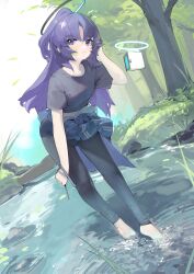 Rule 34 | 1girl, absurdres, barefoot, blue archive, blush, clothes around waist, day, denim, drone, full body, grey shirt, halo, hand in own hair, highres, holding, jeans, long hair, looking at viewer, outdoors, pants, parted bangs, prossss, purple eyes, purple hair, shirt, shirt around waist, sidelocks, star sticker, sticker on face, t-shirt, two side up, wading, water, waves, yuuka (blue archive)