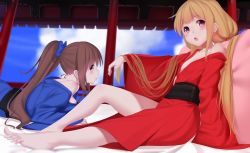 Rule 34 | 10s, 2girls, :o, age difference, alternate costume, bare shoulders, barefoot, blonde hair, blue bow, blue sky, blunt bangs, blush, bow, breasts, brown hair, child, cloud, day, feet, from side, futaba anzu, hair bow, hair tie, idolmaster, idolmaster cinderella girls, japanese clothes, kimono, large breasts, long hair, long sleeves, looking at viewer, low twintails, lying, moroboshi kirari, multiple girls, obi, off shoulder, on stomach, onee-loli, outstretched arm, pillar, pillow, ponytail, profile, railing, ratsuku kinoko, sash, sitting, sky, sleeves past wrists, twintails, wide sleeves, yuri