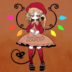 Rule 34 | 1girl, alternate costume, black footwear, blonde hair, brown background, brown eyes, colored eyelashes, dress, english text, eyes visible through hair, flandre scarlet, frilled shirt collar, frills, full body, gradient eyes, gradient legwear, half-closed eyes, laevatein (tail), long hair, long sleeves, looking to the side, multicolored clothes, multicolored eyes, multicolored legwear, nail polish, pink legwear, ponytail, purple legwear, red eyes, red nails, red shirt, ribbon-trimmed collar, ribbon-trimmed legwear, ribbon trim, shirt, shoes, short dress, side ponytail, sidelocks, smile, solo, tail, touhou, wings, yt (wai-tei)