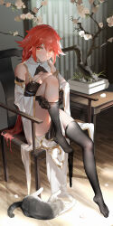 Rule 34 | 1girl, absurdres, alternate costume, black gloves, black thighhighs, braid, breasts, cat, chair, china dress, chinese clothes, cleavage, commission, curtains, dress, full body, gloves, highres, indoors, knee up, long hair, looking at viewer, medium breasts, neptune (series), orange eyes, orange hair, second-party source, shin jigen game neptune vii, sitting, solo, tennouboshi uzume, thighhighs, toeless legwear, tree, very long hair